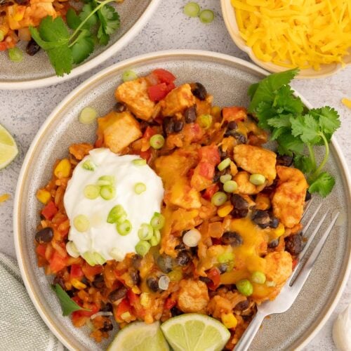 Chicken Taco Rice on a plate with limes, cilantro and a dollop of sour cream on it.
