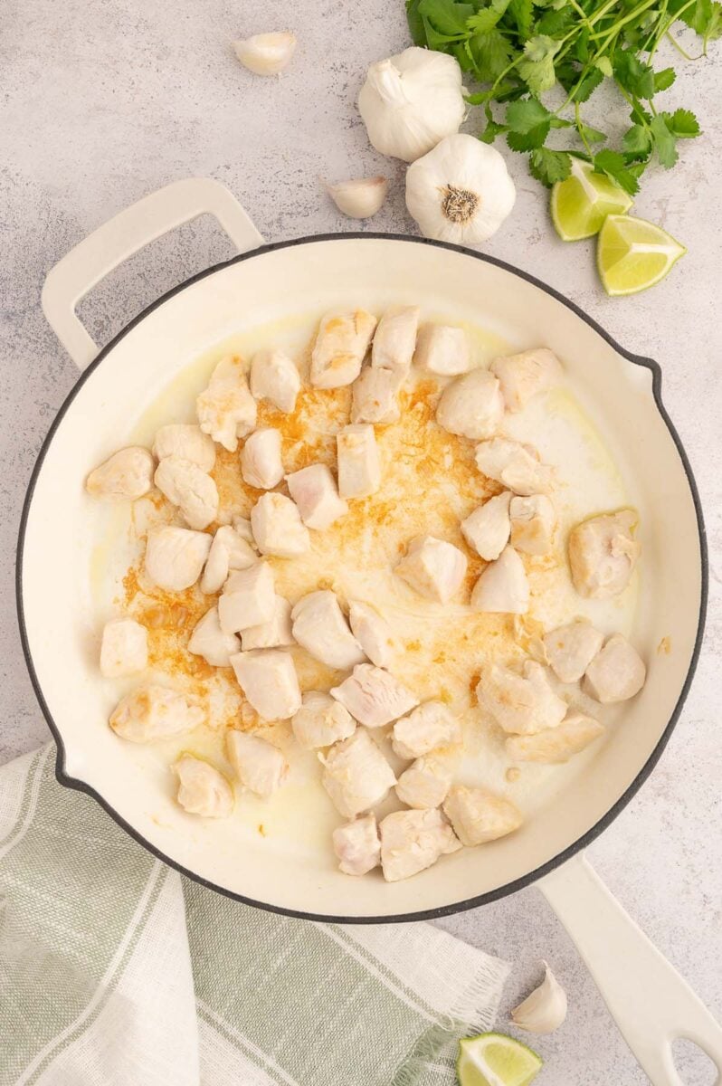 Cubed Chicken Breast in a large skillet.