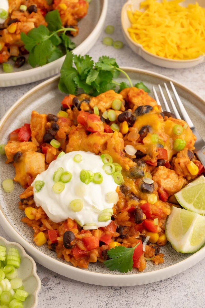 Chicken Taco Rice on a plate with limes, cilantro and a dollop of sour cream on it with another plate in the background.