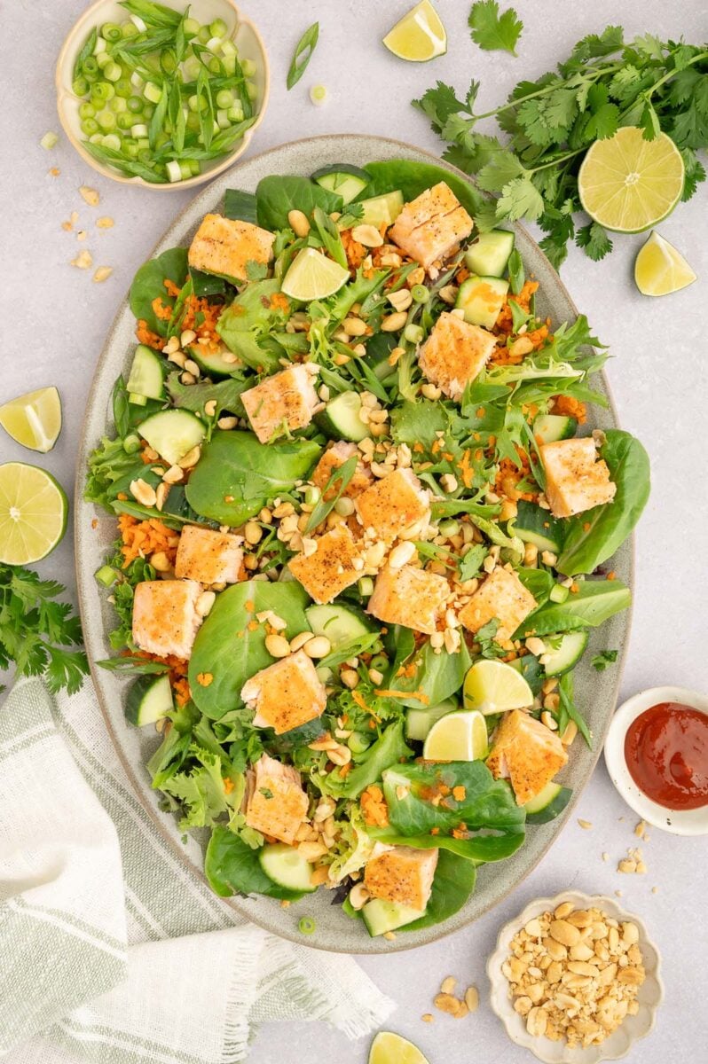 Sweet chili salmon salad on a large platter with more ingredients on the side.
