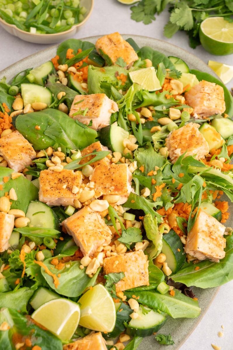 A close up of sweet chili salmon salad on a platter.