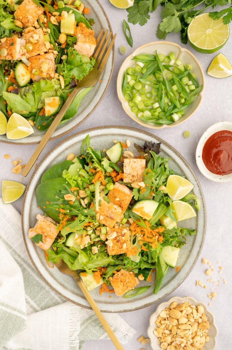 Sweet Chili Salmon Salad on a plate with another plate of salad on the side.