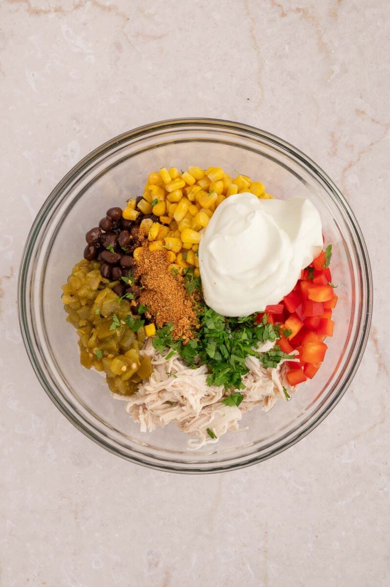 Ingredients for taco chicken salad in a bowl before being mixed together.