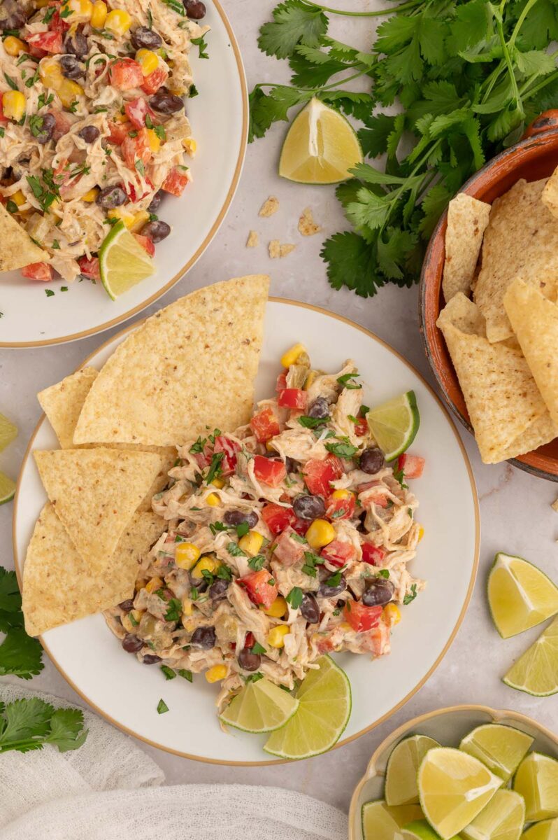 Taco Chicken Salad on a white plate with sliced limes and tortilla chips on the plate too.