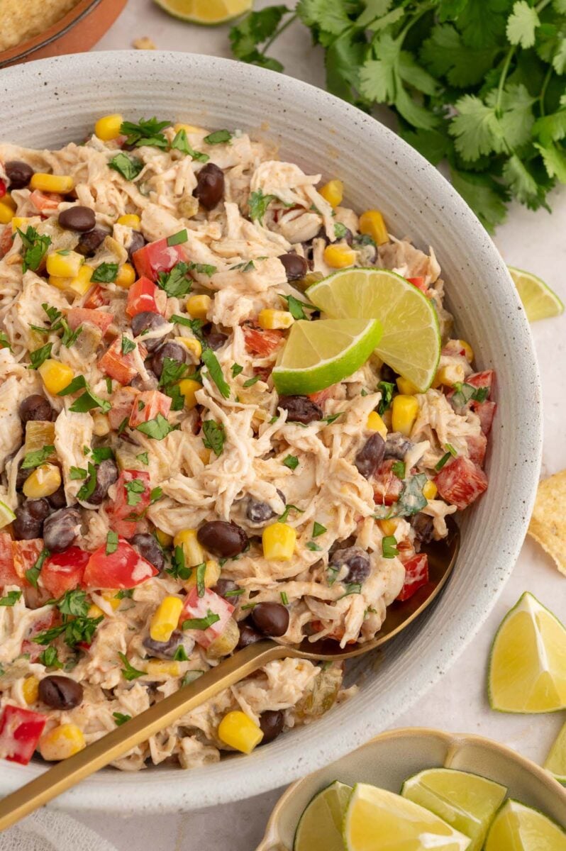 Taco chicken salad in a white bowl garnished with sliced limes and a spoon in it.