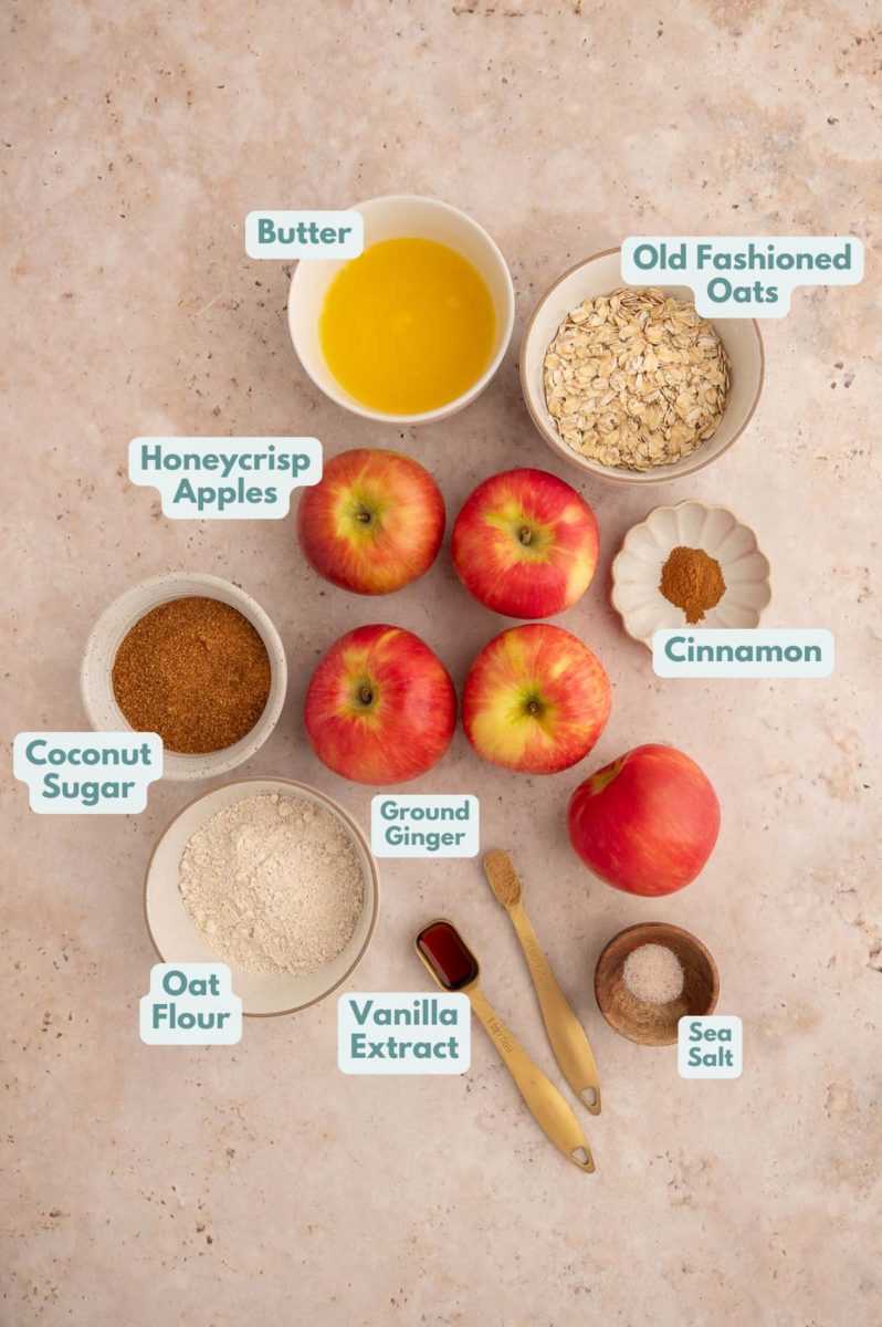 Labelled ingredients for Healthy Apple Crisp laid out in separate bowls.