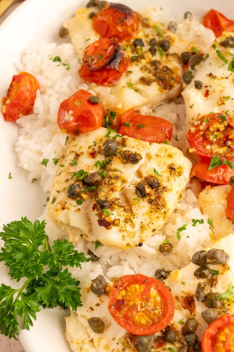 Baked cod filets on white rice with fresh parsley, capers, and cherry tomatoes on a white platter.
