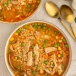 A bowl of Chicken Barley Soup with a spoon in it and another bowl on the side.