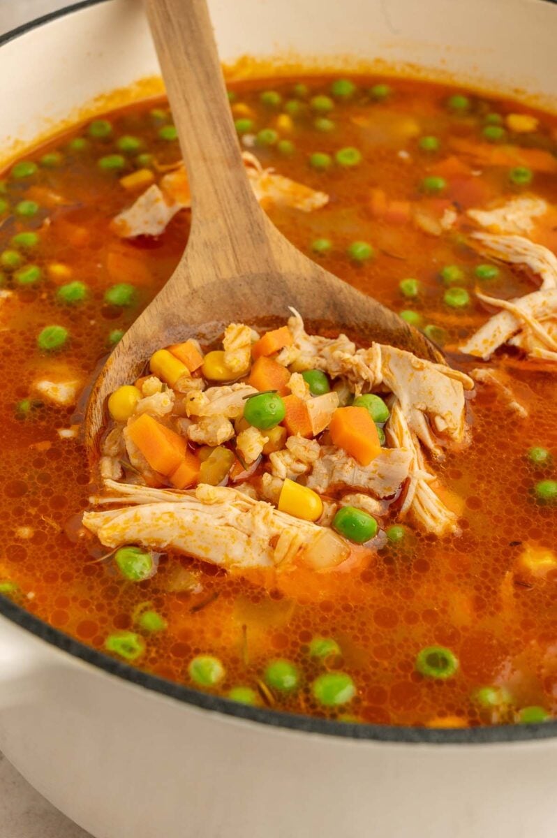 A large spoon dipping into a dutch oven filled with chicken barley soup. 