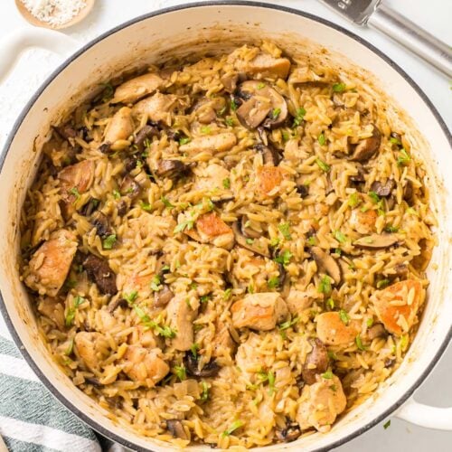 Chicken Marsala Orzo in a large pot.