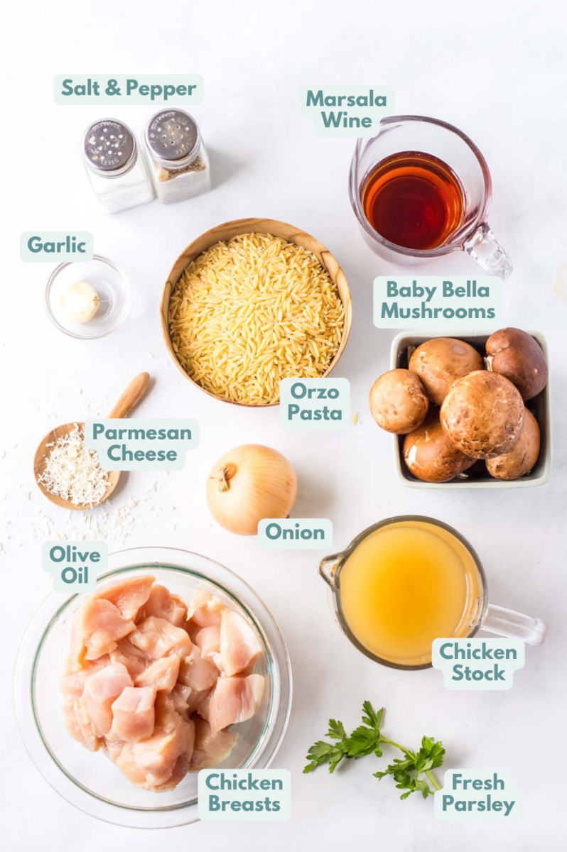 Labelled ingredients for chicken marsala orzo laid out in separate bowls.