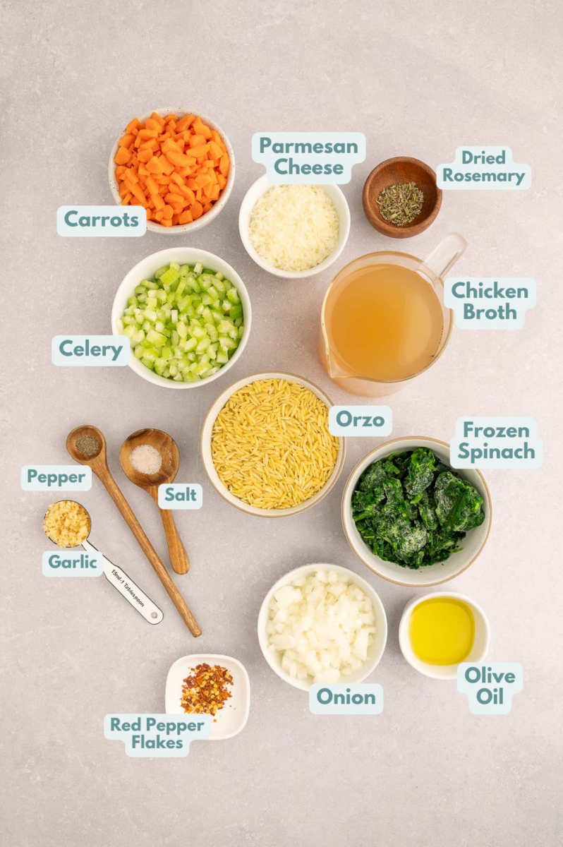 Labeled ingredients to make italian wedding orzo in small bowls and measuring cups.