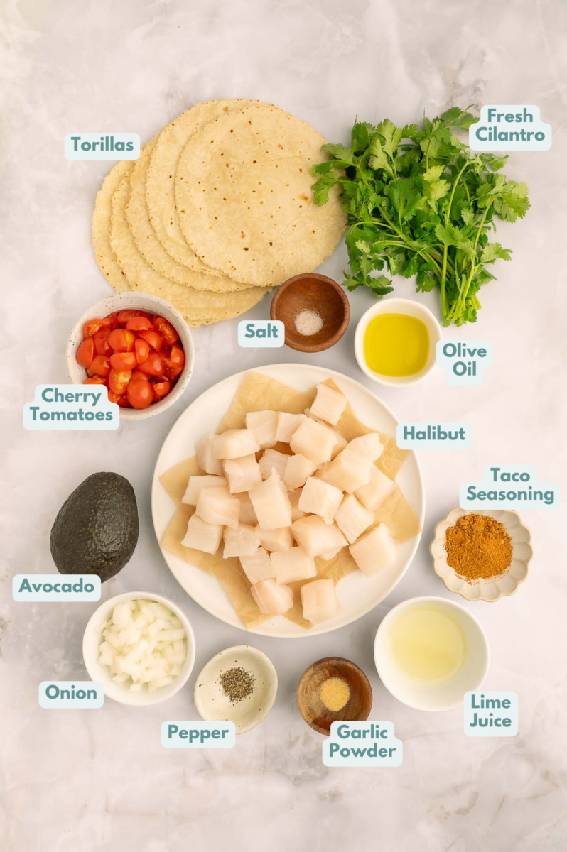 Labeled ingredients to make quick fish tacos in small bowls and measuring cups.