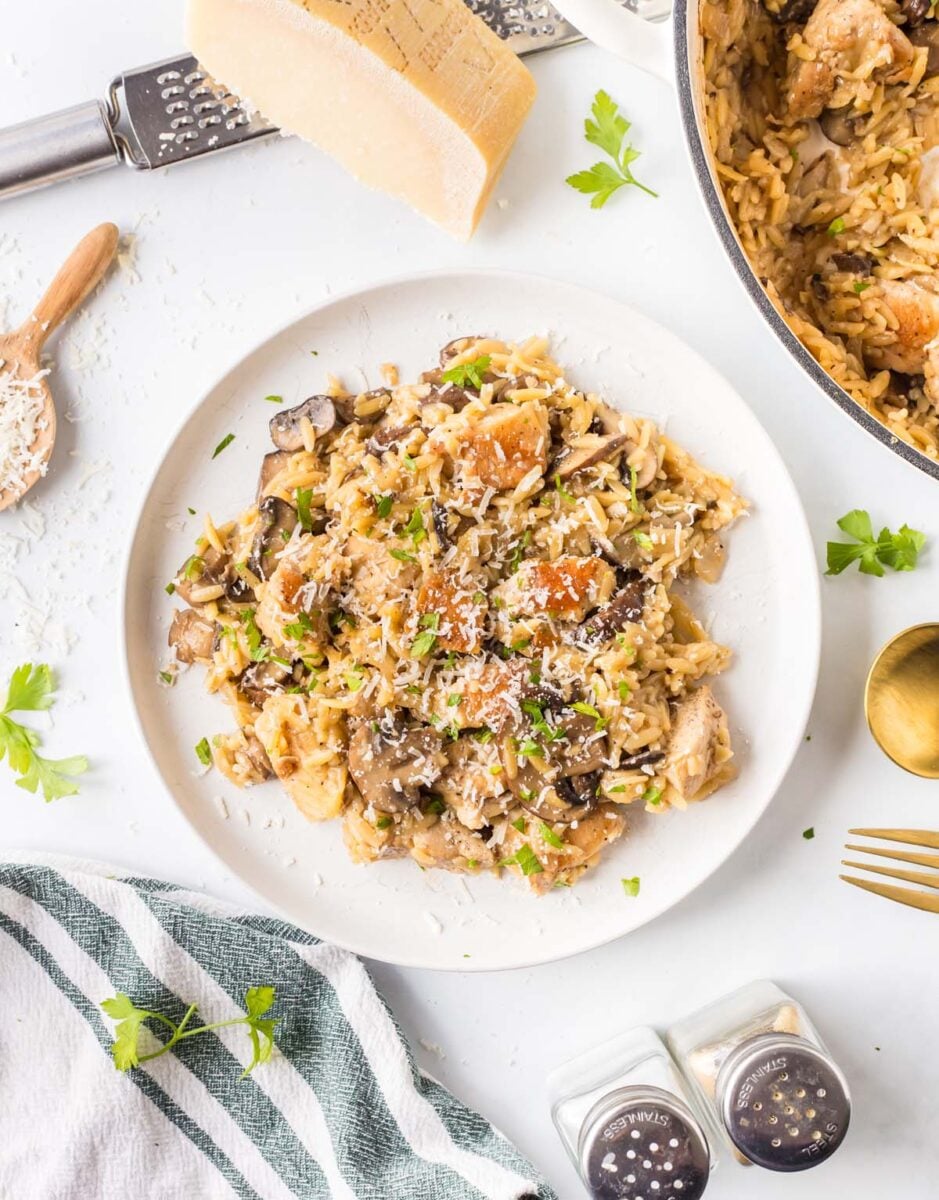 A plate of chicken marsala orzo on a white plate with herbs and parmesan cheese and the pot on the side.