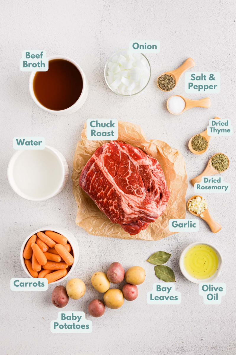 Labeled ingredients for dutch oven pot roast laid out in separate bowls.