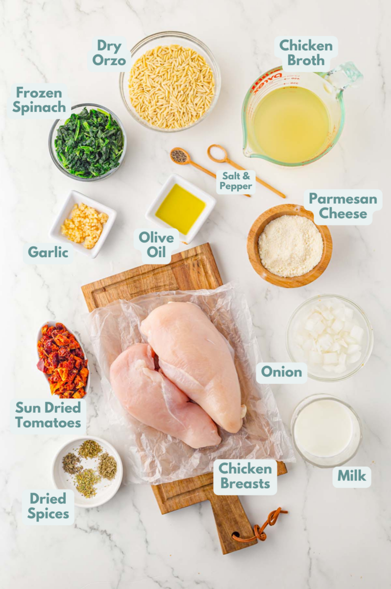 Labeled ingredients for tuscan chicken orzo laid out in separate bowls.