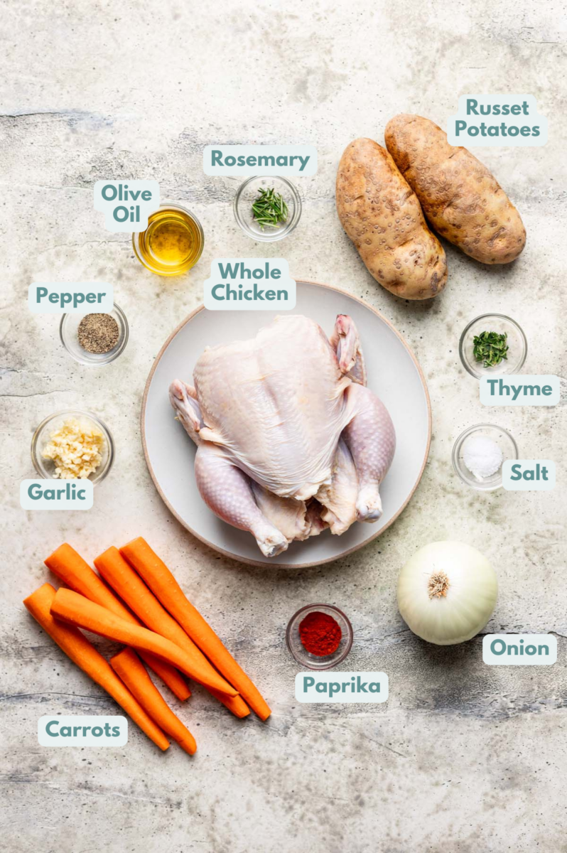 Labeled Dutch Oven Whole Chicken Ingredients in bowls and measuring cups on a counter.